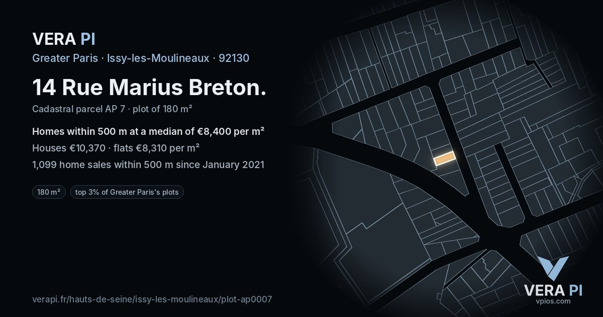 14 Rue Marius Breton, Issy-les-Moulineaux at night – the plot lit, the parcels around coloured by the prices near them
