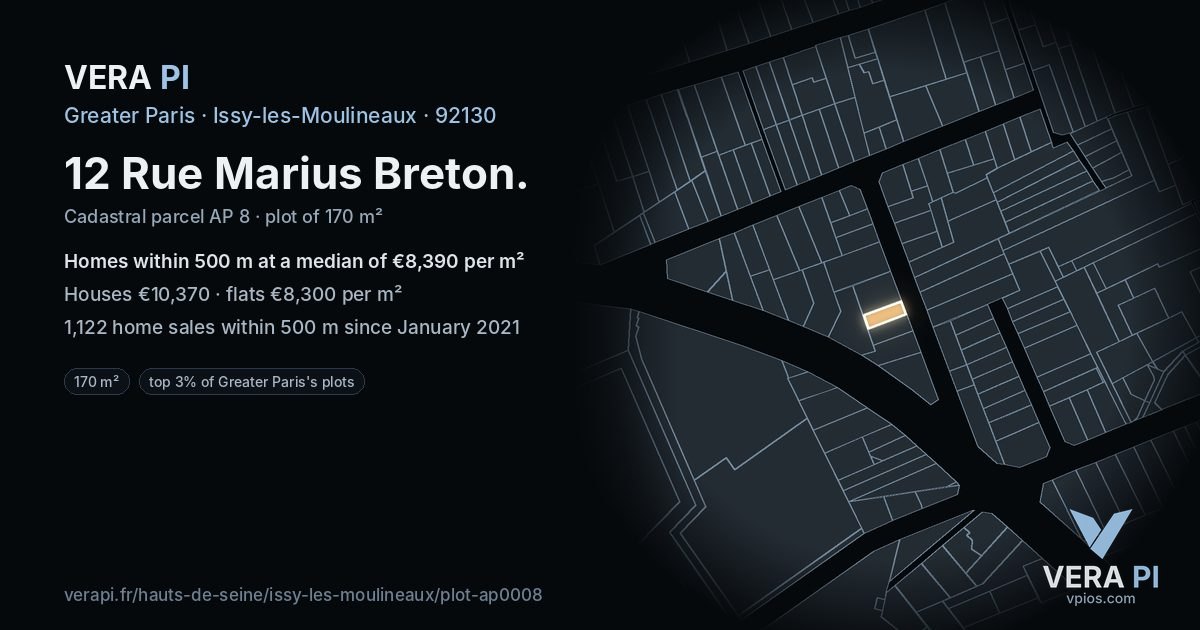 12 Rue Marius Breton, Issy-les-Moulineaux at night – the plot lit, the parcels around coloured by the prices near them