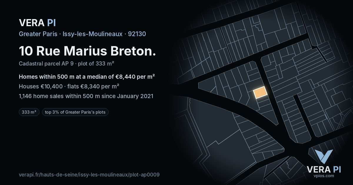 10 Rue Marius Breton, Issy-les-Moulineaux at night – the plot lit, the parcels around coloured by the prices near them