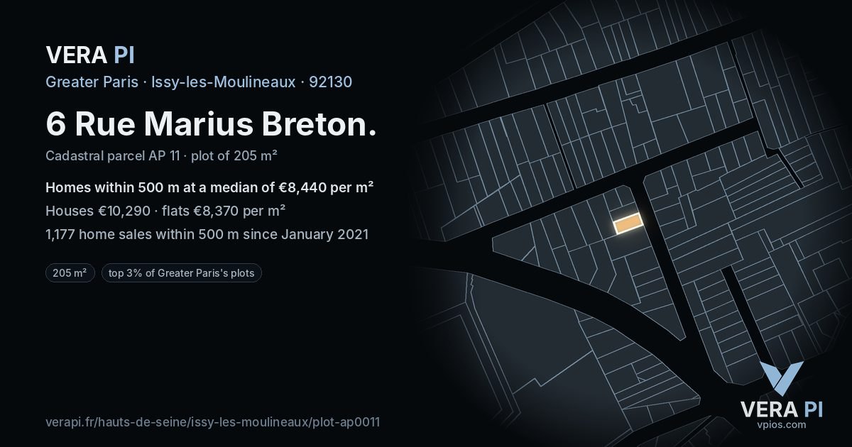 6 Rue Marius Breton, Issy-les-Moulineaux at night – the plot lit, the parcels around coloured by the prices near them