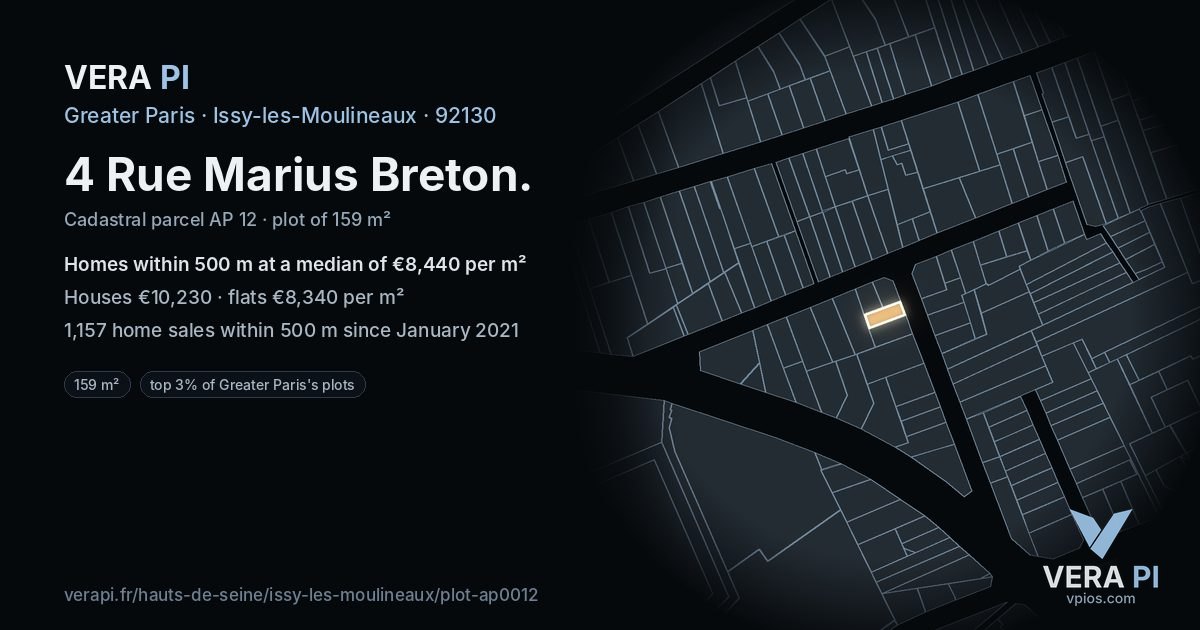 4 Rue Marius Breton, Issy-les-Moulineaux at night – the plot lit, the parcels around coloured by the prices near them