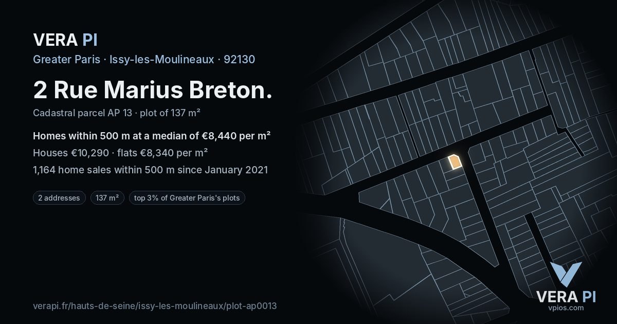 2 Rue Marius Breton, Issy-les-Moulineaux at night – the plot lit, the parcels around coloured by the prices near them