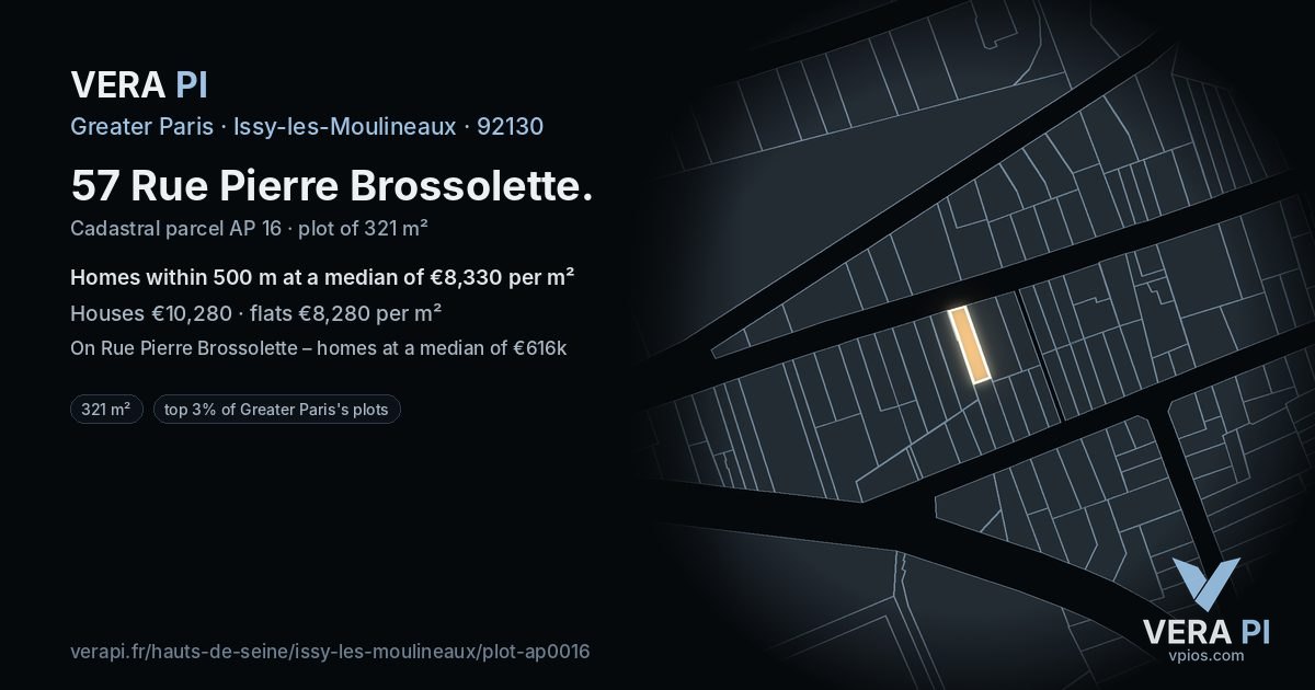 57 Rue Pierre Brossolette, Issy-les-Moulineaux at night – the plot lit, the parcels around coloured by the prices near them