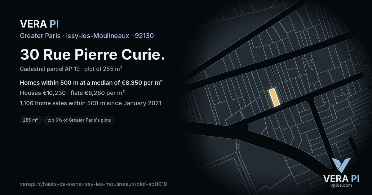 30 Rue Pierre Curie, Issy-les-Moulineaux at night – the plot lit, the parcels around coloured by the prices near them