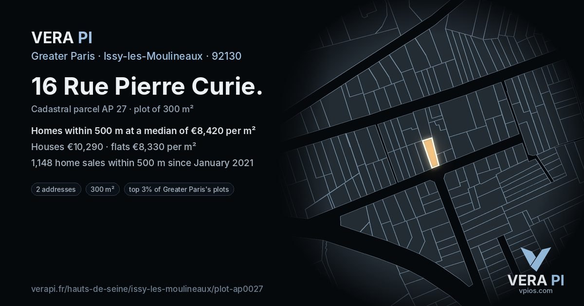 16 Rue Pierre Curie, Issy-les-Moulineaux at night – the plot lit, the parcels around coloured by the prices near them