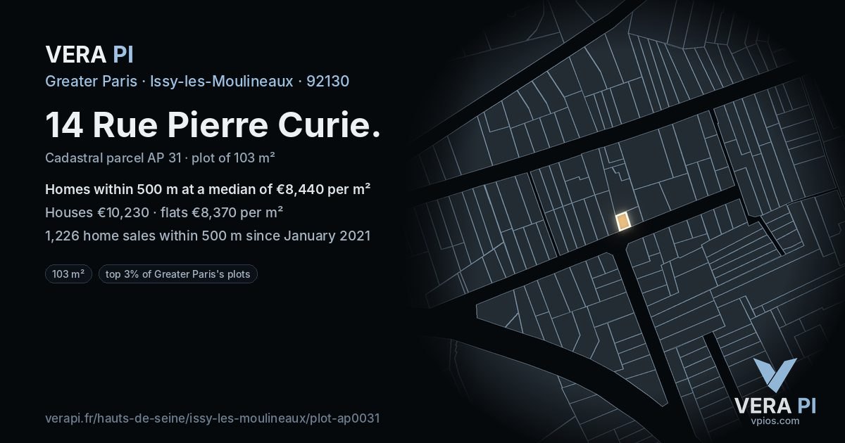 14 Rue Pierre Curie, Issy-les-Moulineaux at night – the plot lit, the parcels around coloured by the prices near them