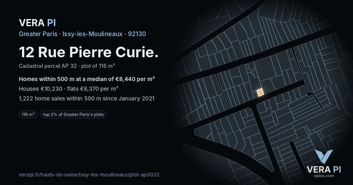 12 Rue Pierre Curie, Issy-les-Moulineaux at night – the plot lit, the parcels around coloured by the prices near them