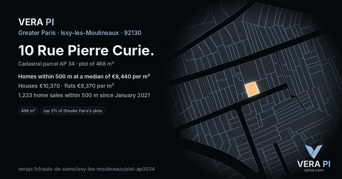 10 Rue Pierre Curie, Issy-les-Moulineaux at night – the plot lit, the parcels around coloured by the prices near them