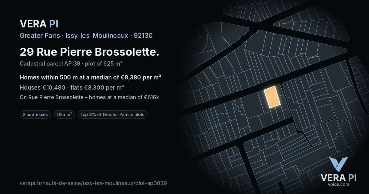 29 Rue Pierre Brossolette, Issy-les-Moulineaux at night – the plot lit, the parcels around coloured by the prices near them