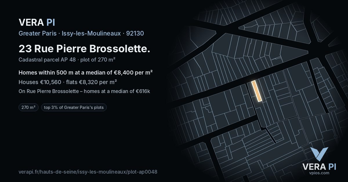 23 Rue Pierre Brossolette, Issy-les-Moulineaux at night – the plot lit, the parcels around coloured by the prices near them