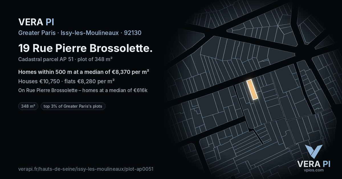 19 Rue Pierre Brossolette, Issy-les-Moulineaux at night – the plot lit, the parcels around coloured by the prices near them