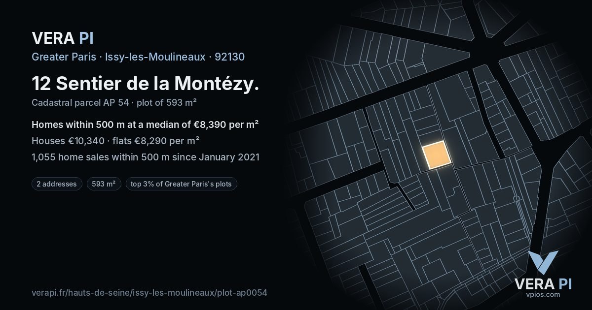 12 Sentier de la Montézy, Issy-les-Moulineaux at night – the plot lit, the parcels around coloured by the prices near them