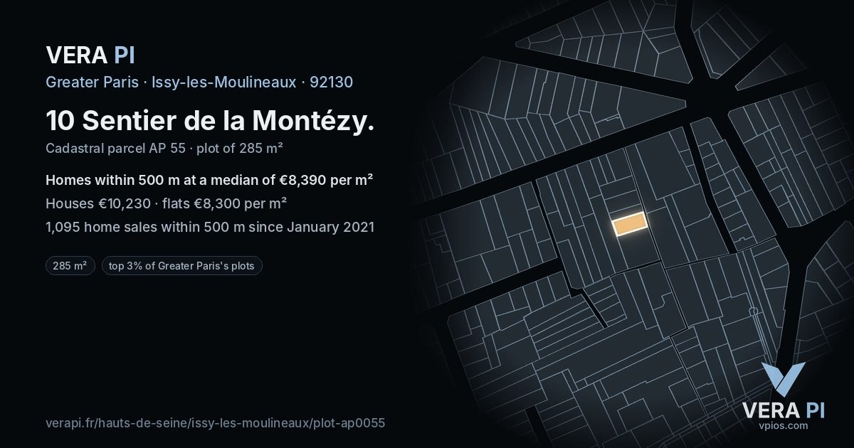 10 Sentier de la Montézy, Issy-les-Moulineaux at night – the plot lit, the parcels around coloured by the prices near them
