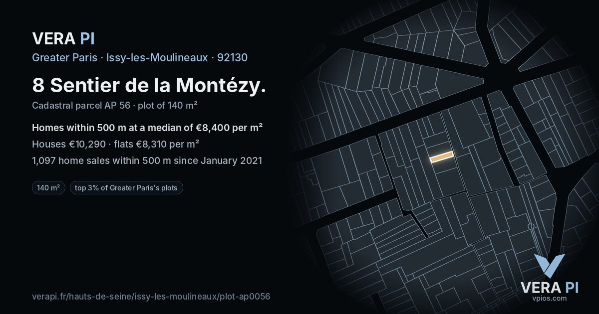 8 Sentier de la Montézy, Issy-les-Moulineaux at night – the plot lit, the parcels around coloured by the prices near them