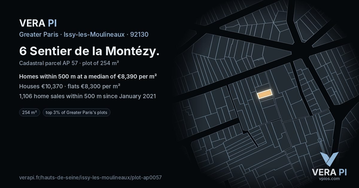 6 Sentier de la Montézy, Issy-les-Moulineaux at night – the plot lit, the parcels around coloured by the prices near them