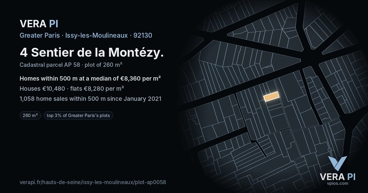4 Sentier de la Montézy, Issy-les-Moulineaux at night – the plot lit, the parcels around coloured by the prices near them