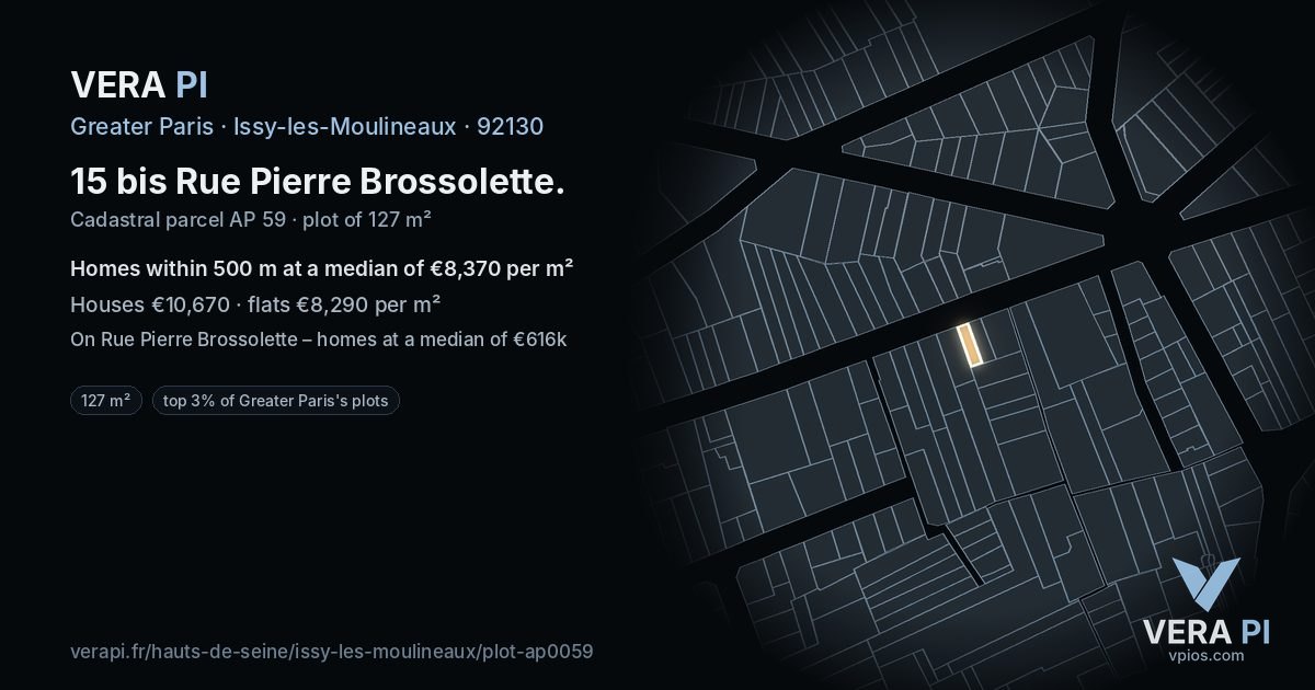 15 bis Rue Pierre Brossolette, Issy-les-Moulineaux at night – the plot lit, the parcels around coloured by the prices near them