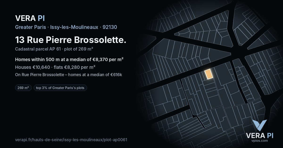 13 Rue Pierre Brossolette, Issy-les-Moulineaux at night – the plot lit, the parcels around coloured by the prices near them