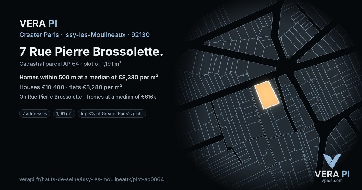7 Rue Pierre Brossolette, Issy-les-Moulineaux at night – the plot lit, the parcels around coloured by the prices near them