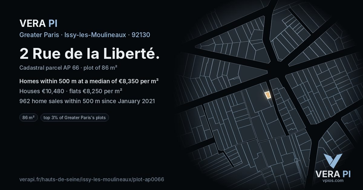 2 Rue de la Liberté, Issy-les-Moulineaux at night – the plot lit, the parcels around coloured by the prices near them