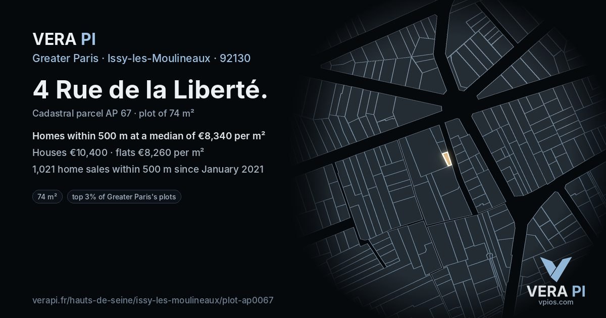 4 Rue de la Liberté, Issy-les-Moulineaux at night – the plot lit, the parcels around coloured by the prices near them