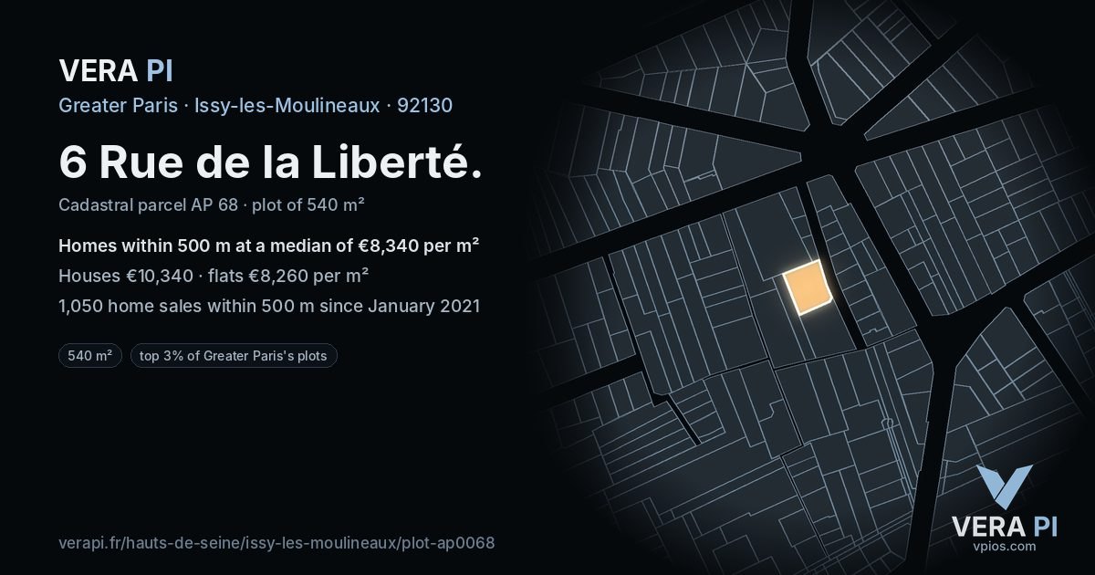 6 Rue de la Liberté, Issy-les-Moulineaux at night – the plot lit, the parcels around coloured by the prices near them