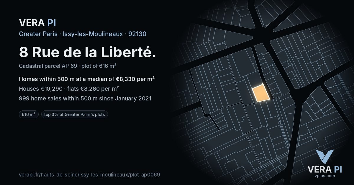 8 Rue de la Liberté, Issy-les-Moulineaux at night – the plot lit, the parcels around coloured by the prices near them