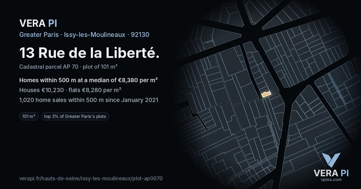 13 Rue de la Liberté, Issy-les-Moulineaux at night – the plot lit, the parcels around coloured by the prices near them