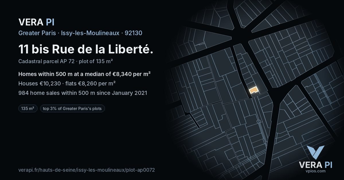 11 bis Rue de la Liberté, Issy-les-Moulineaux at night – the plot lit, the parcels around coloured by the prices near them
