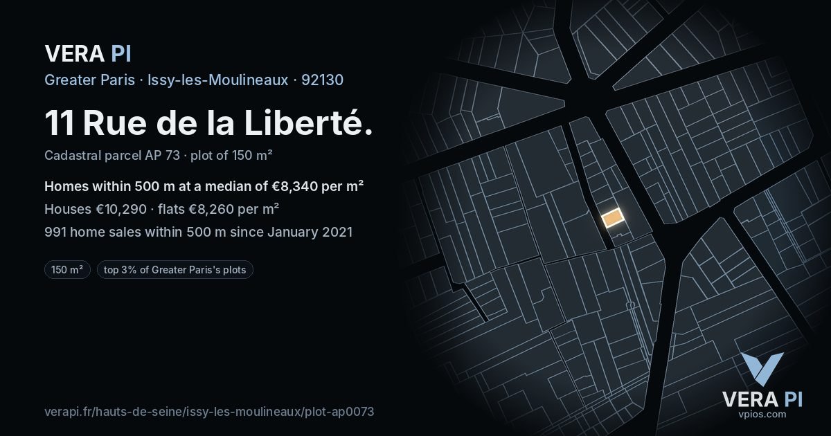 11 Rue de la Liberté, Issy-les-Moulineaux at night – the plot lit, the parcels around coloured by the prices near them