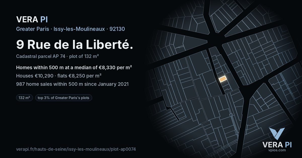 9 Rue de la Liberté, Issy-les-Moulineaux at night – the plot lit, the parcels around coloured by the prices near them