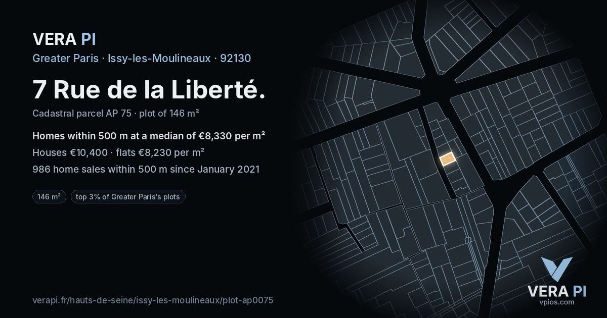7 Rue de la Liberté, Issy-les-Moulineaux at night – the plot lit, the parcels around coloured by the prices near them