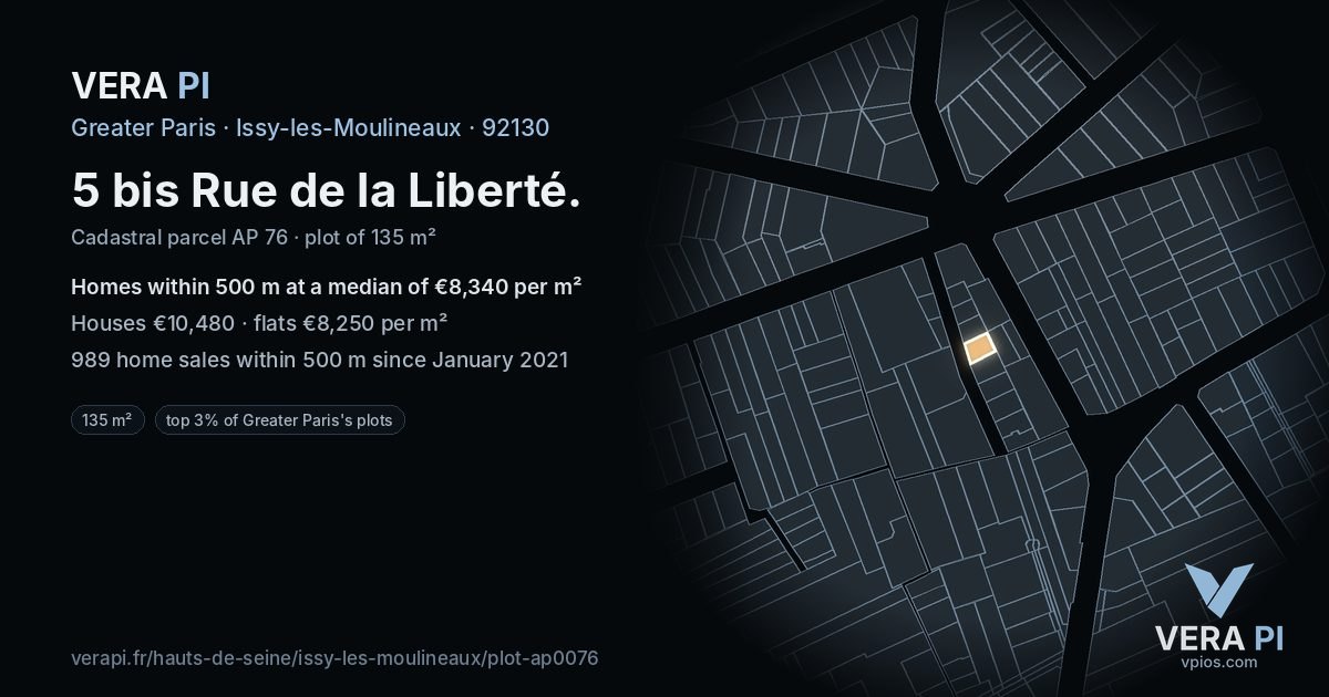 5 bis Rue de la Liberté, Issy-les-Moulineaux at night – the plot lit, the parcels around coloured by the prices near them