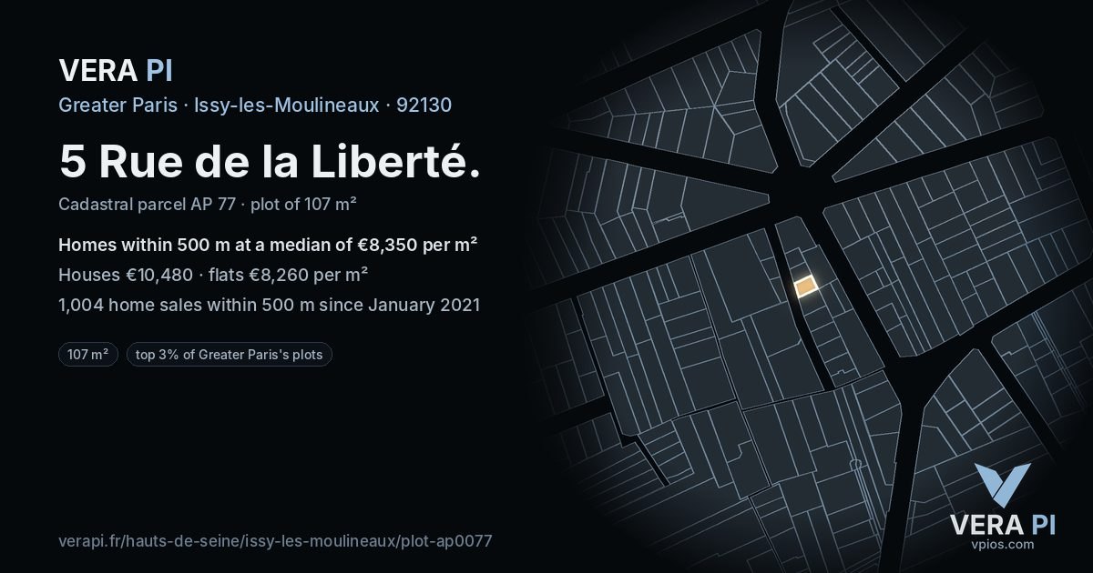 5 Rue de la Liberté, Issy-les-Moulineaux at night – the plot lit, the parcels around coloured by the prices near them