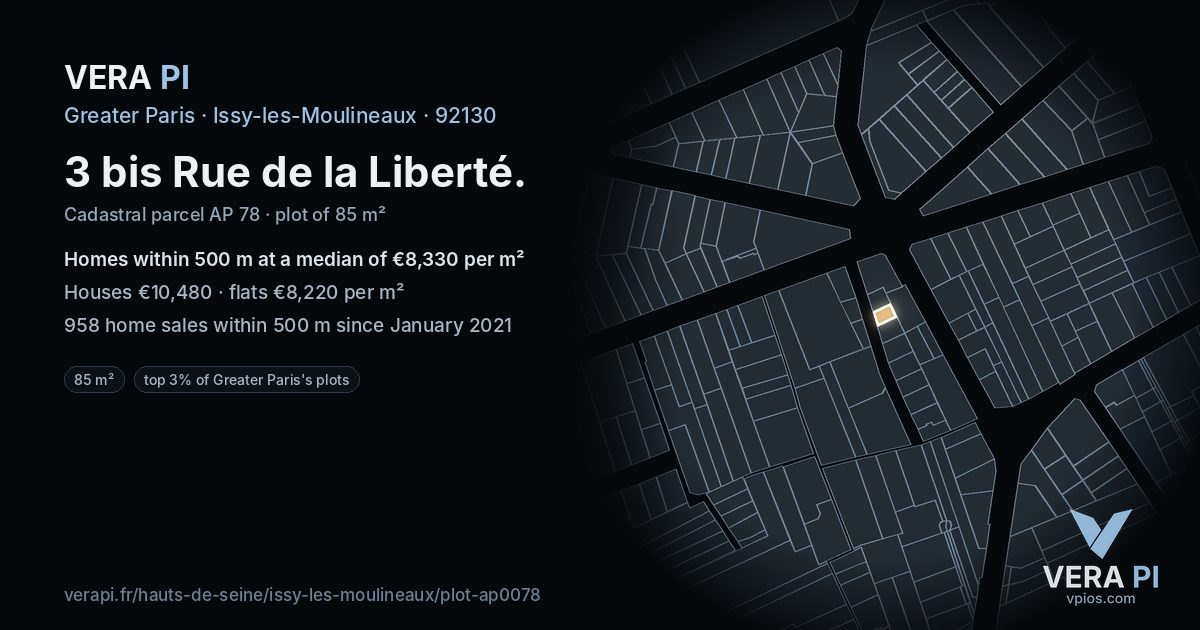 3 bis Rue de la Liberté, Issy-les-Moulineaux at night – the plot lit, the parcels around coloured by the prices near them