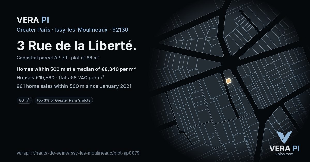3 Rue de la Liberté, Issy-les-Moulineaux at night – the plot lit, the parcels around coloured by the prices near them