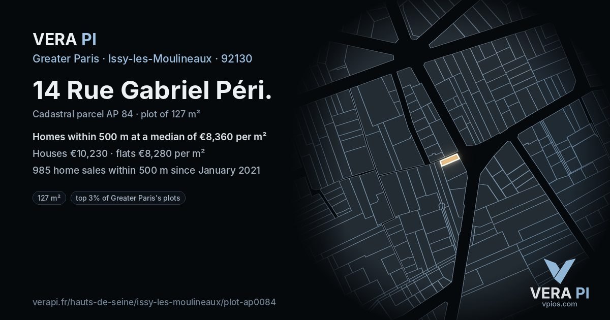 14 Rue Gabriel Péri, Issy-les-Moulineaux at night – the plot lit, the parcels around coloured by the prices near them