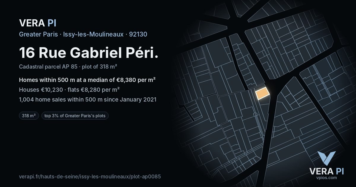 16 Rue Gabriel Péri, Issy-les-Moulineaux at night – the plot lit, the parcels around coloured by the prices near them