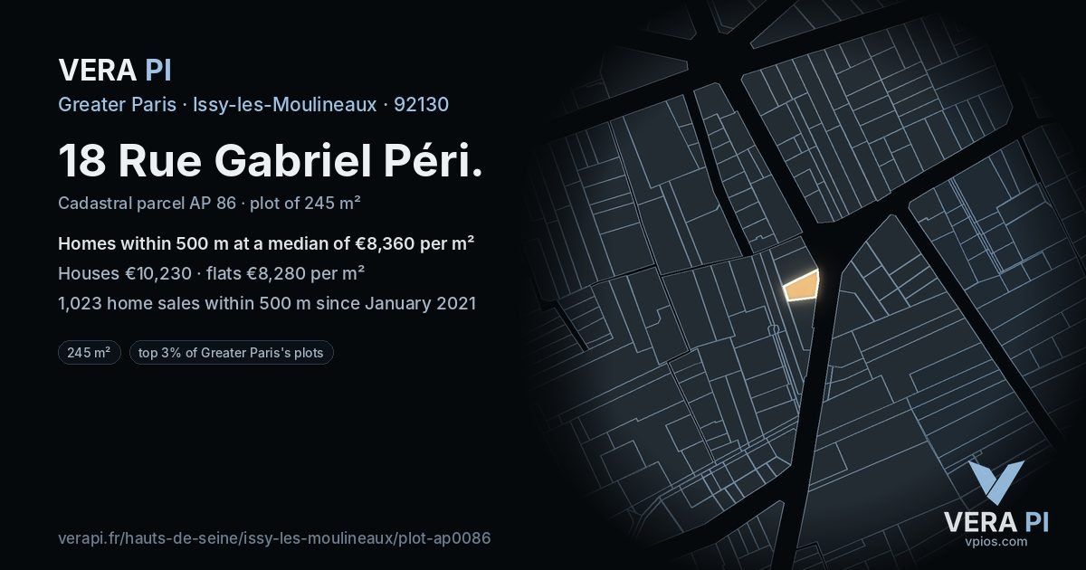 18 Rue Gabriel Péri, Issy-les-Moulineaux at night – the plot lit, the parcels around coloured by the prices near them