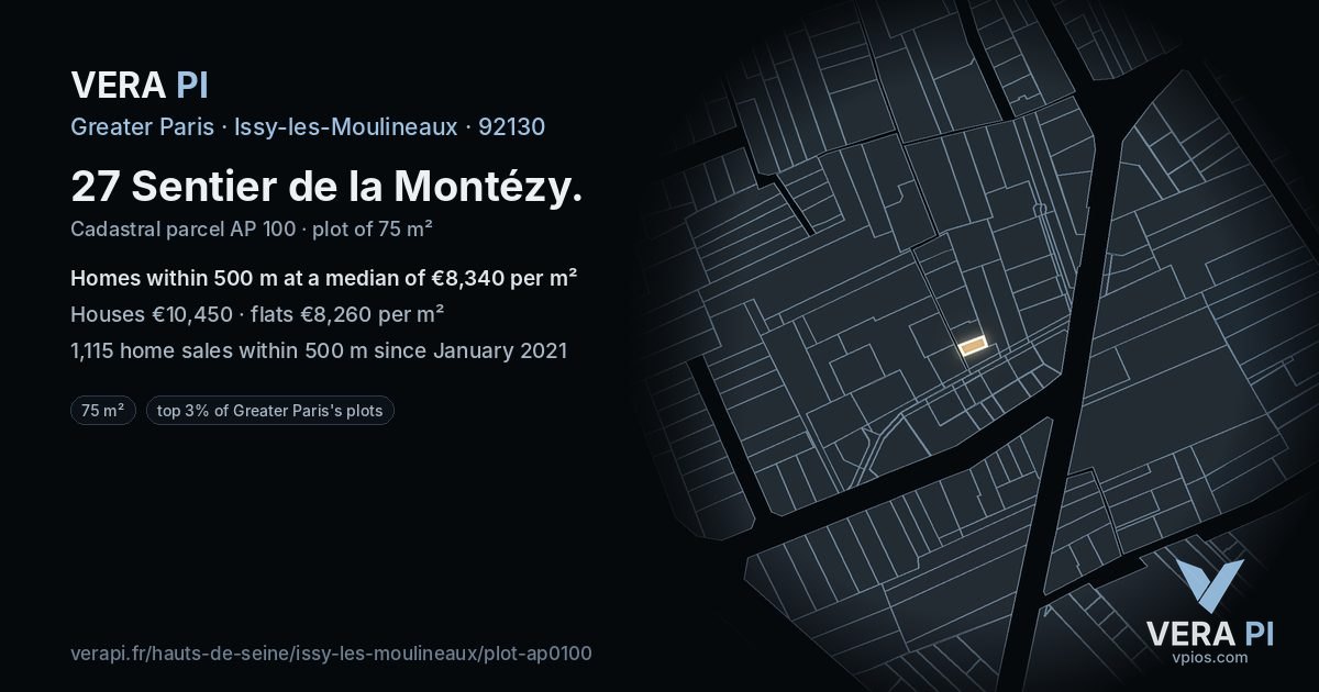 27 Sentier de la Montézy, Issy-les-Moulineaux at night – the plot lit, the parcels around coloured by the prices near them