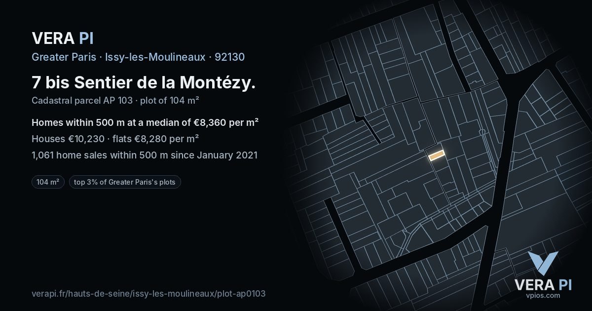 7 bis Sentier de la Montézy, Issy-les-Moulineaux at night – the plot lit, the parcels around coloured by the prices near them