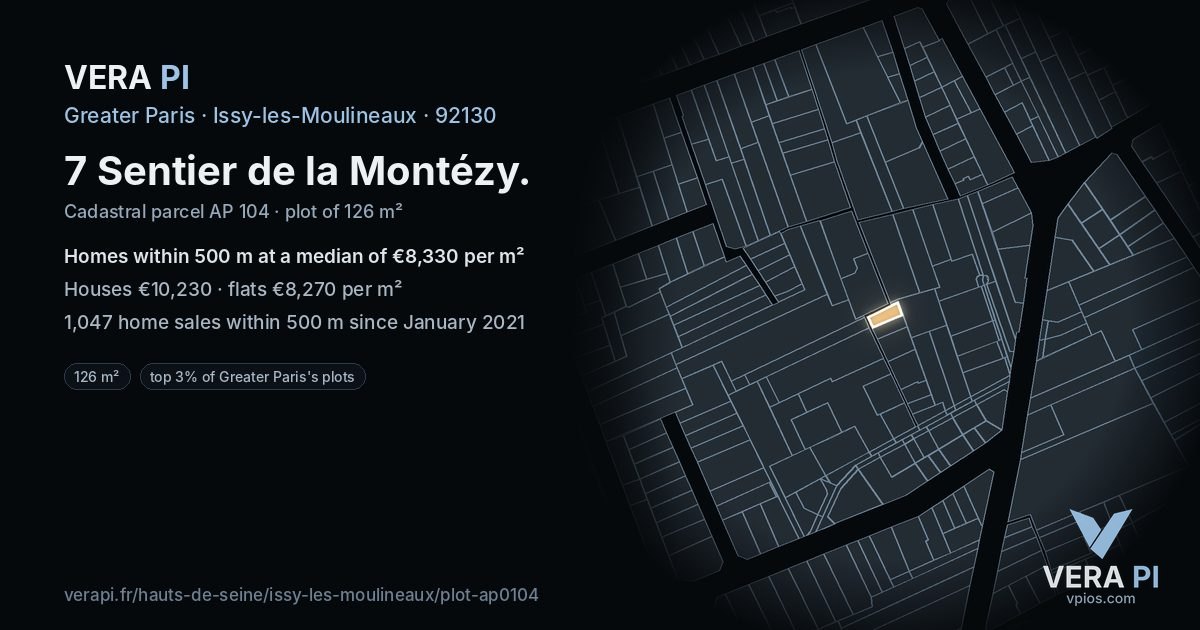 7 Sentier de la Montézy, Issy-les-Moulineaux at night – the plot lit, the parcels around coloured by the prices near them