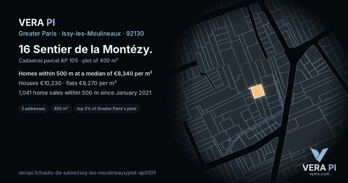 16 Sentier de la Montézy, Issy-les-Moulineaux at night – the plot lit, the parcels around coloured by the prices near them