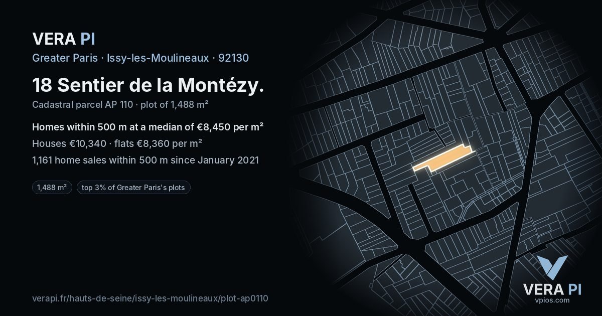 18 Sentier de la Montézy, Issy-les-Moulineaux at night – the plot lit, the parcels around coloured by the prices near them
