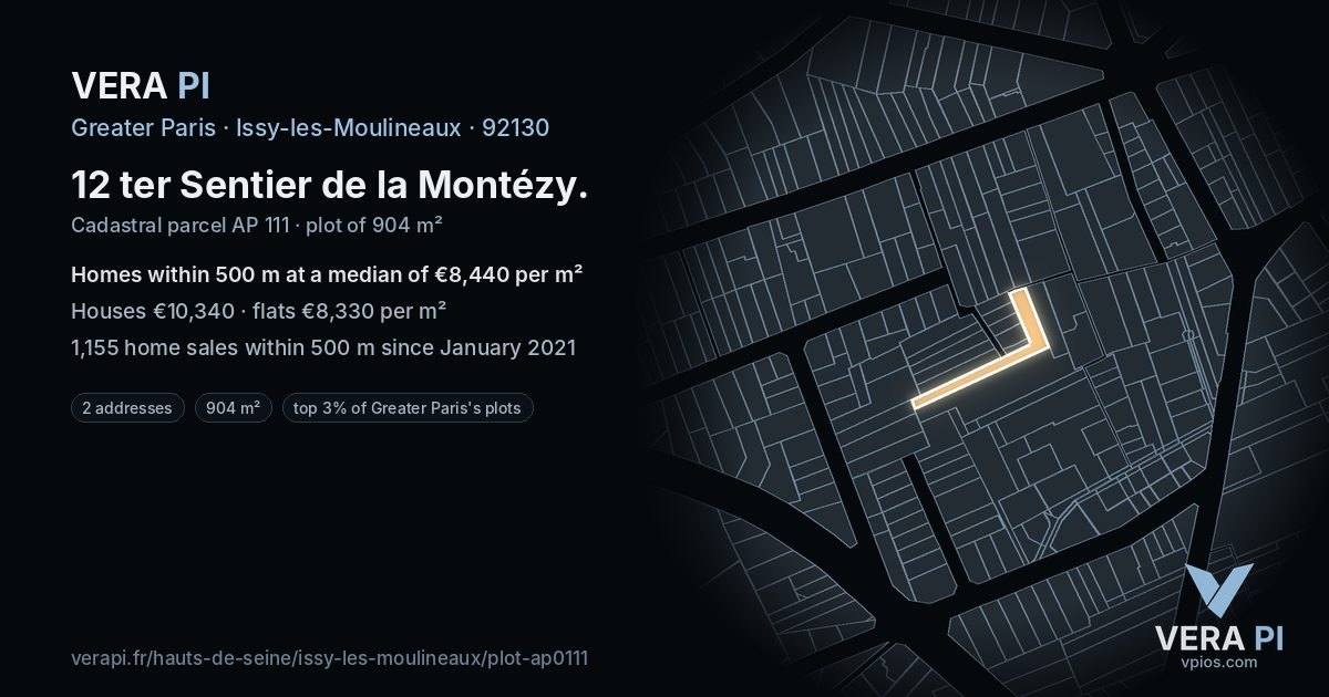12 ter Sentier de la Montézy, Issy-les-Moulineaux at night – the plot lit, the parcels around coloured by the prices near them