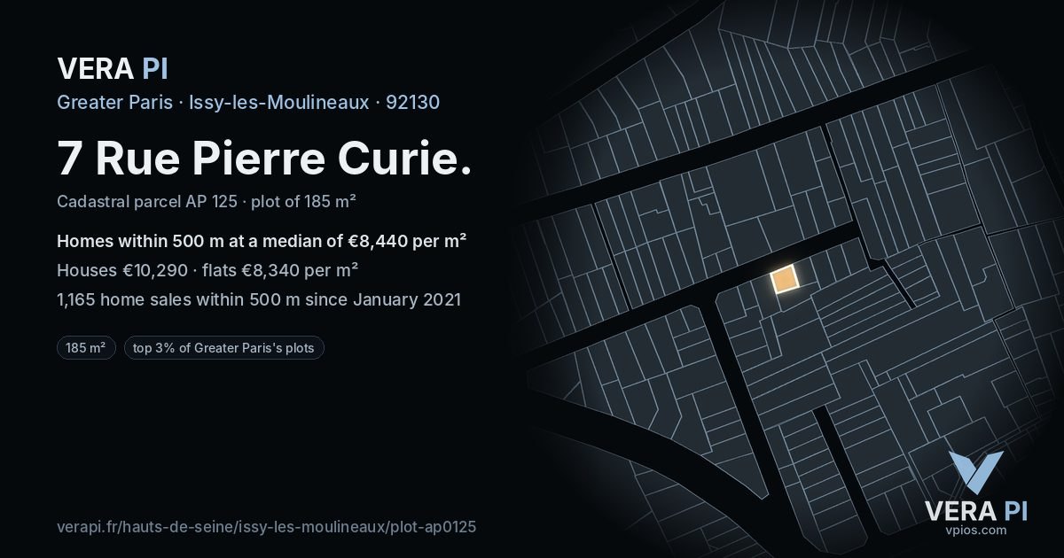 7 Rue Pierre Curie, Issy-les-Moulineaux at night – the plot lit, the parcels around coloured by the prices near them