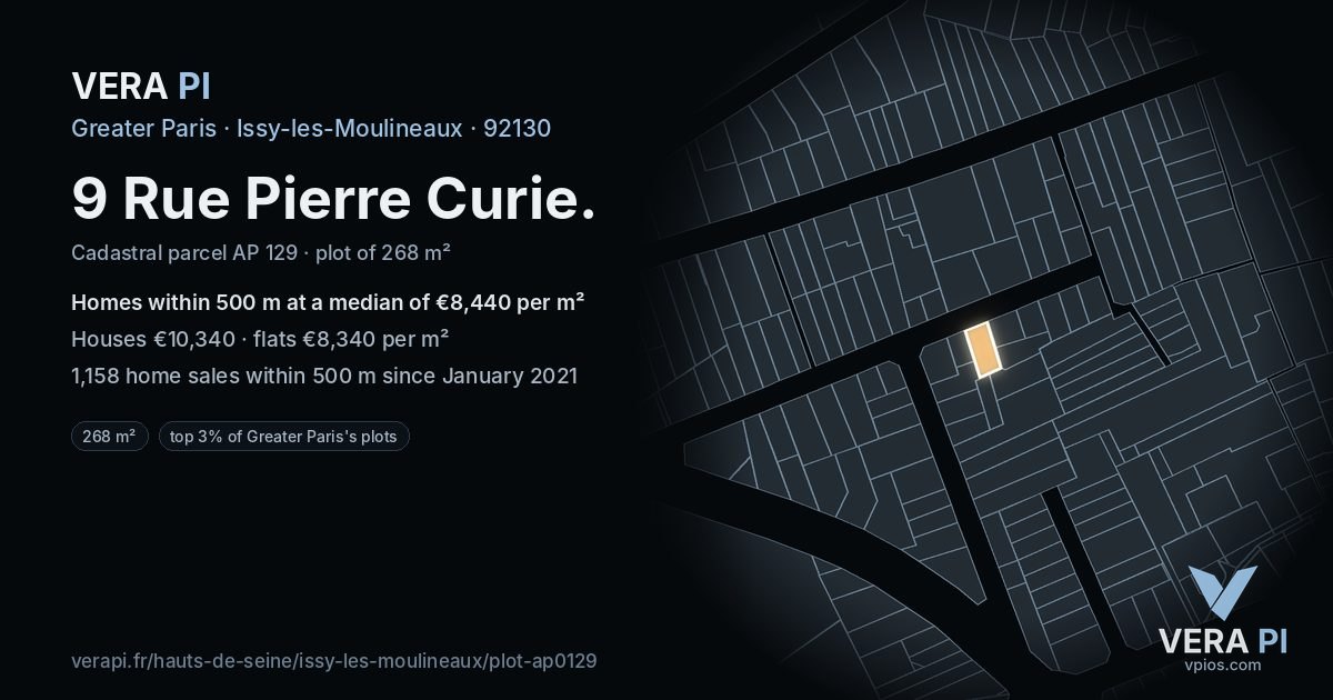 9 Rue Pierre Curie, Issy-les-Moulineaux at night – the plot lit, the parcels around coloured by the prices near them