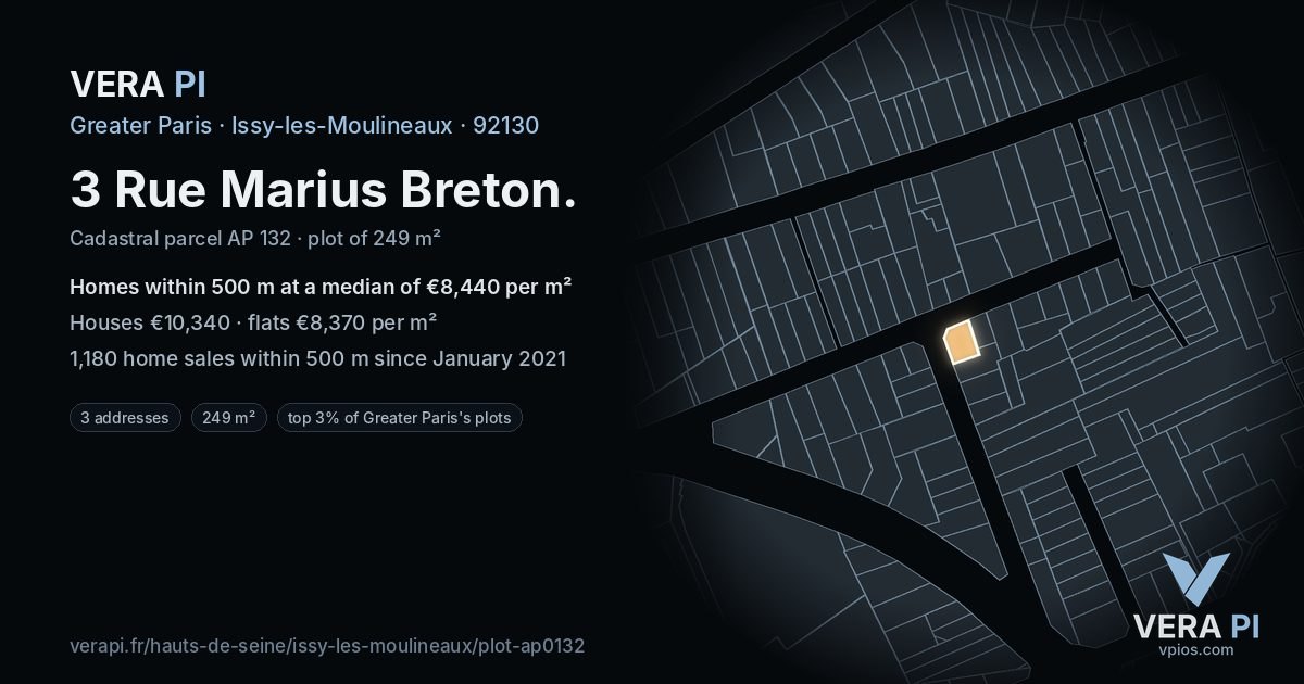 3 Rue Marius Breton, Issy-les-Moulineaux at night – the plot lit, the parcels around coloured by the prices near them