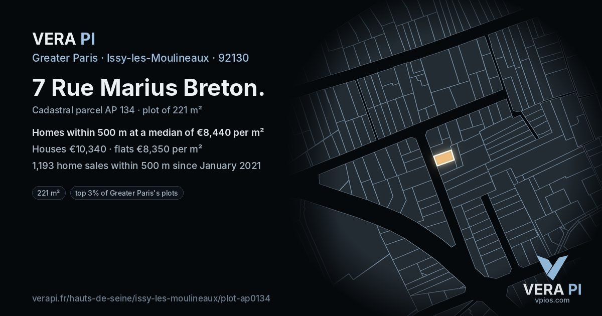 7 Rue Marius Breton, Issy-les-Moulineaux at night – the plot lit, the parcels around coloured by the prices near them
