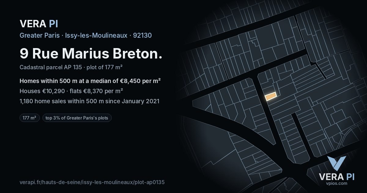 9 Rue Marius Breton, Issy-les-Moulineaux at night – the plot lit, the parcels around coloured by the prices near them